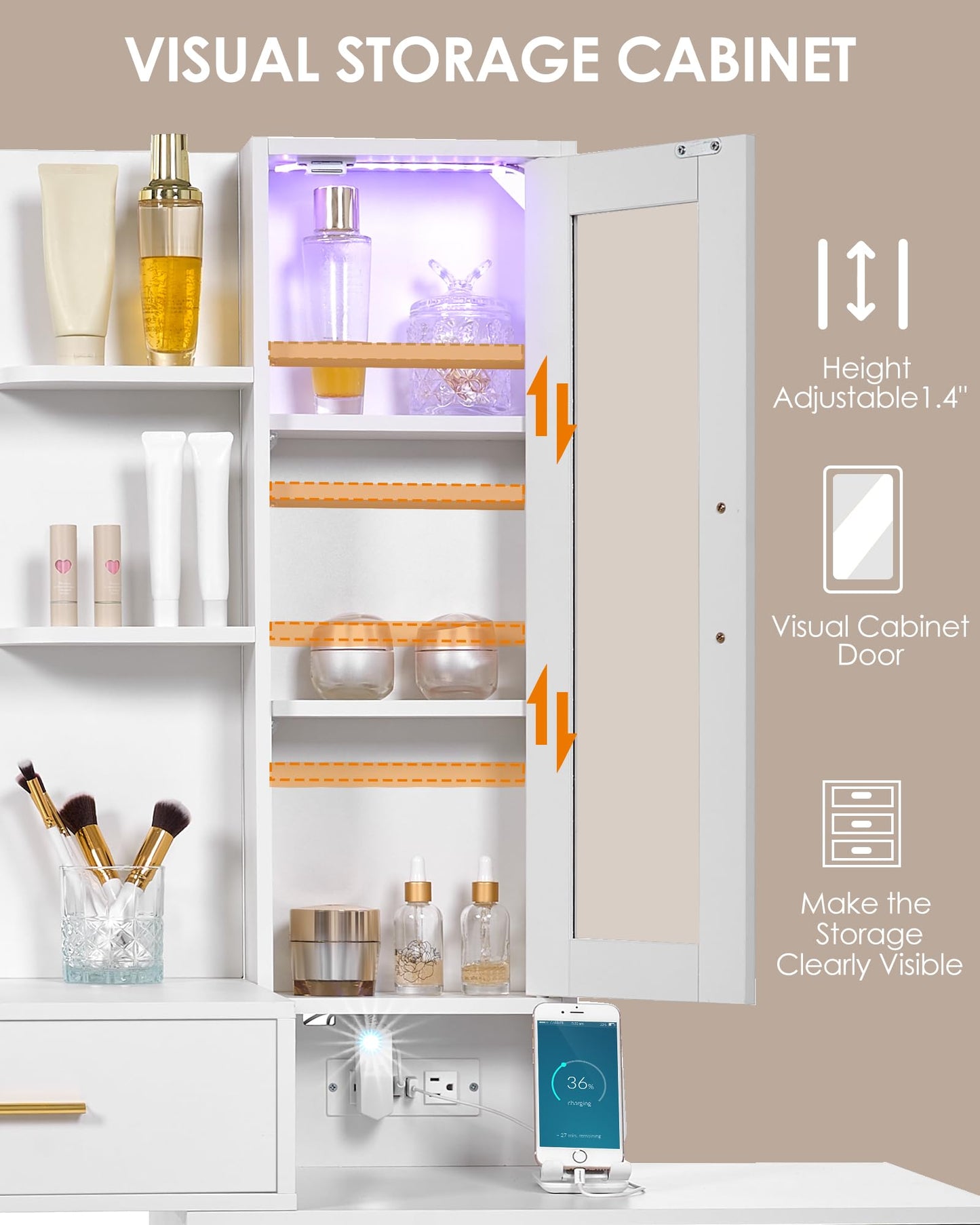 ANWBROAD 51.8" Makeup Vanity Desk with Mirror and Lights White Vanity Table with RGB Storage 8 Drawers Power Outlet Large Dresser Dressing Table with Storage Shelves Stool for Bedroom Girls UBDT77W