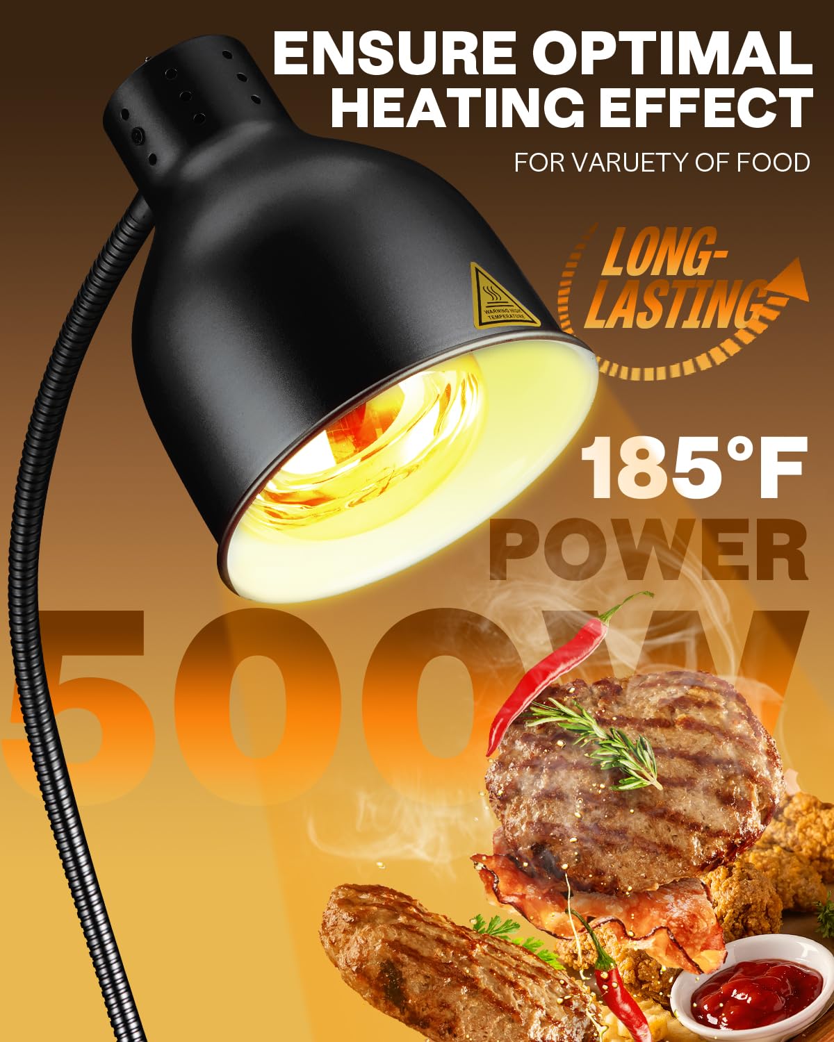 RVGMBO Food Heat Lamp - [3 Bulbs Included] [Rapid-Heating], 500W Commercial Food Warmer Light, Heat Lamp for Food, Catering Warming Lamp for Buffet Parties, Painted Black