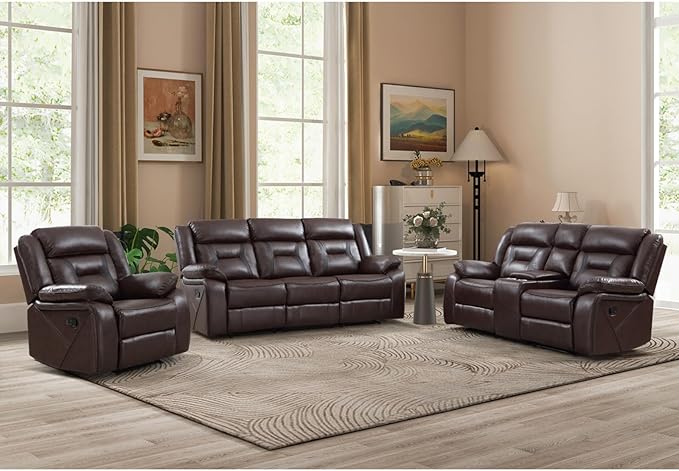 EBELLO Faux Leather Recliner Sofa Furniture Set for Living Room, Recliner Chair, Manual Loveseat, 3 Seat Recliniing Sofa Couch Set for Meeting Room, Dark Brown