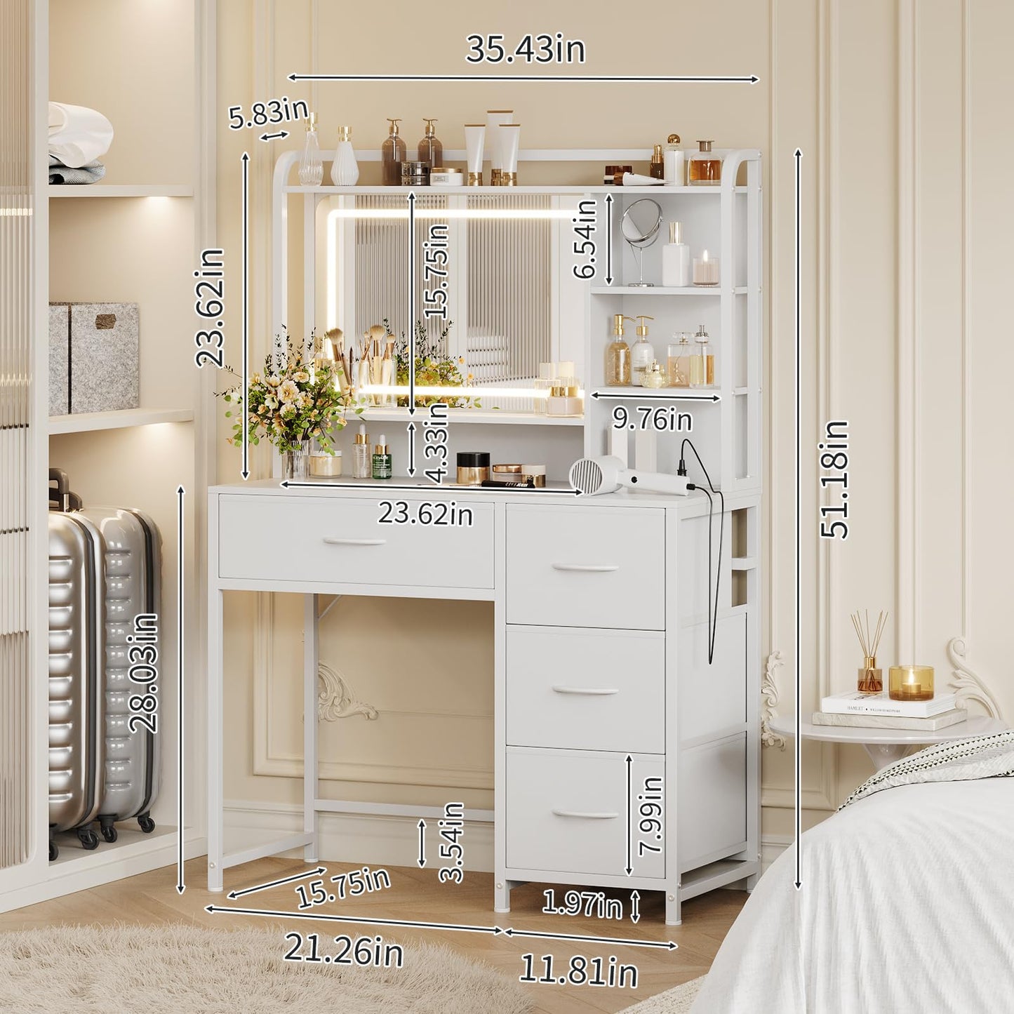 GarveeHome Vanity Desk with Mirror, 35.4” Makeup Vanity Table with Shelves, 4 Fabric Drawers Storage, Modern Dressing Table for Bedroom, Gift for Women