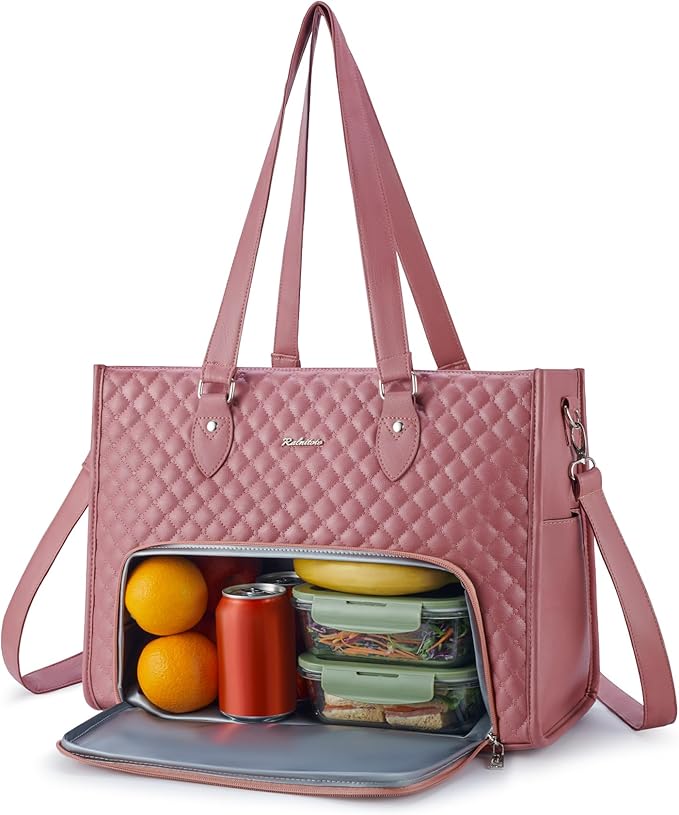 Ralnitote Laptop Tote Bag with Insulated Lunch Compartment for Women, PU Leather 15.6 Inch Work Bag, Elegant Computer Hand...