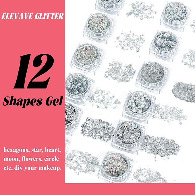 Body Glitter Face Glitter, Hair Glitter for Kids, 12 Shapes Fine Chunky Glitter Gel for Women Girls Makeup Sparkles Party Mermaid Sequins Rave Accessories Singer Concerts Festival (Gold-Silver-Pink)