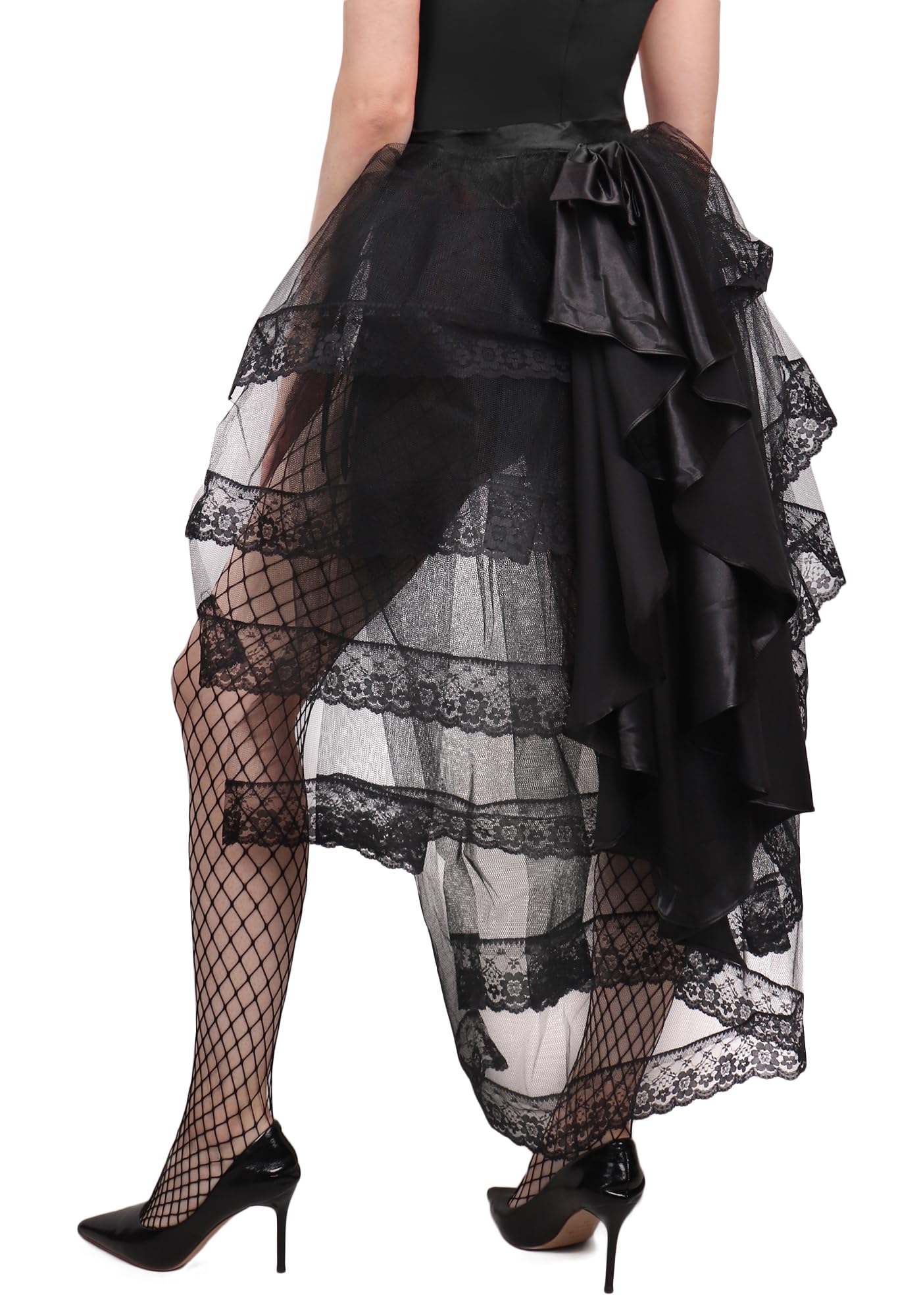 FURPHI Gothic Steampunk Tulle Bustle Skirt Victorian Tie-on Lace Tutu with Big Black Bow for Halloween(Medium)
