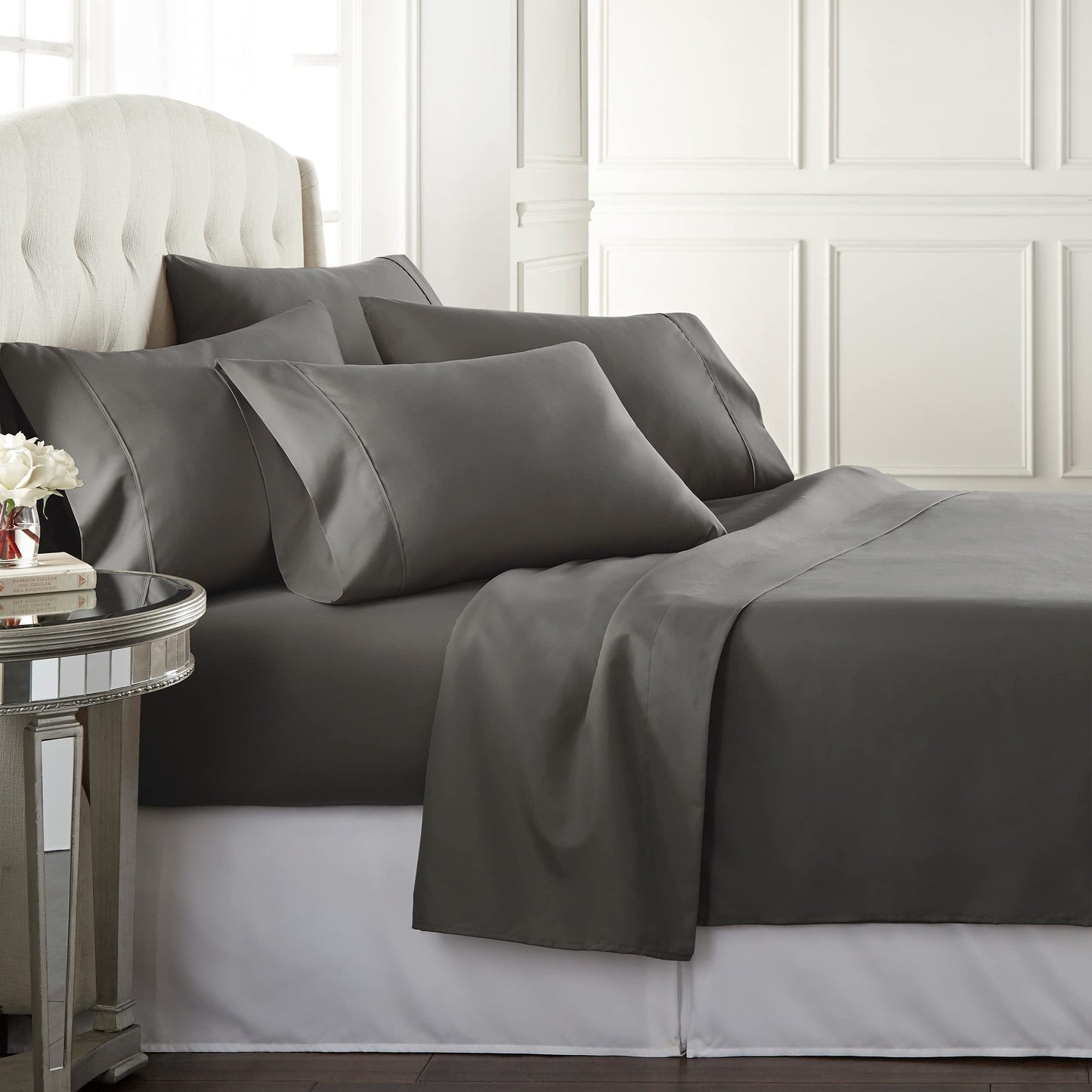 Danjor Linens Bed Sheet Set King Size for Hot Sleepers, Hotel Premium Sheets with 4 Pillowcases, Lightweight Brushed Microfiber Deep Pockets, Breathable Cooling 6 Piece Bedding Sets, Gray