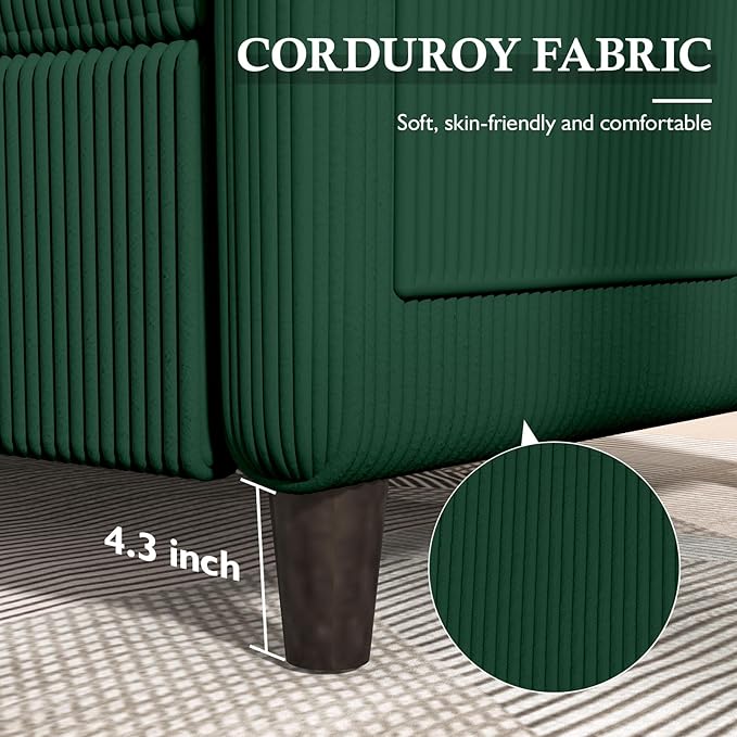 Valthie 60.6" Small Corduroy Loveseat Sofa, Mid-Century Modern 2-Seater Couch with Side Pockets for Small Spaces, Green– Perfect for Living Room, Bedroom, Office & Apartment