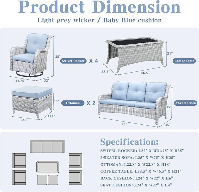 Belord Wicker Patio Furniture Sets - 8 Piece Outdoor Rattan Furniture Conversation Sets with 4 Swivel Rocker Chairs, Rattan Sofa, Wicker Ottomans and Coffee Table, Light Grey/Baby Blue