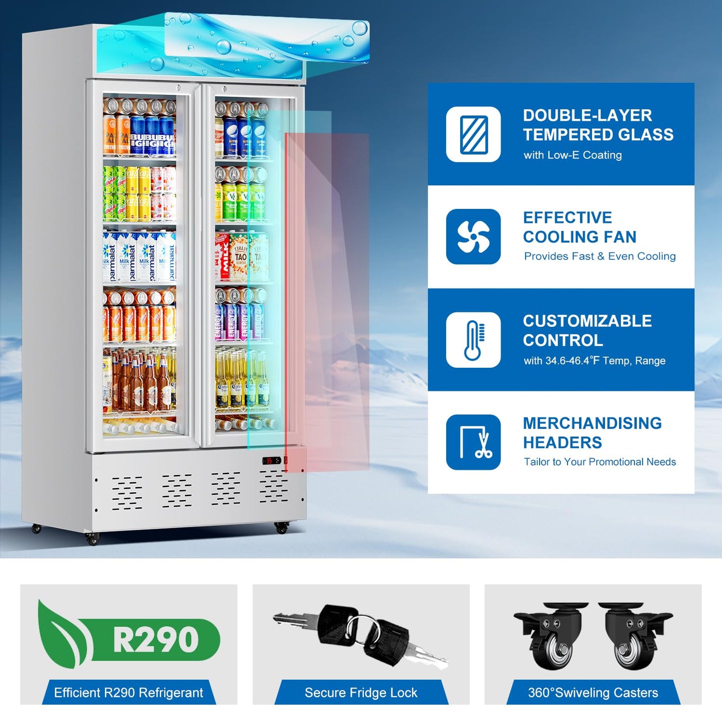 ECEVT 41.34'' W Commercial Beverage Refrigerators, 30 Cu.ft Glass Door Refrigerator Commercial with LED Light and 10 Shelves, Display Refrigerator for Restaurant Store Cafe Bar, White