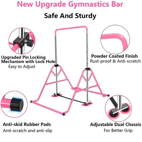 FCOUMY Gymnastics Horizontal Bar, Junior Training Kip Bar Gymnastics Equipment for Home, Adjustable Telescopic Height Folding Horizontal Bar with Gymnastic Rings for 3-12 Years Old Kids