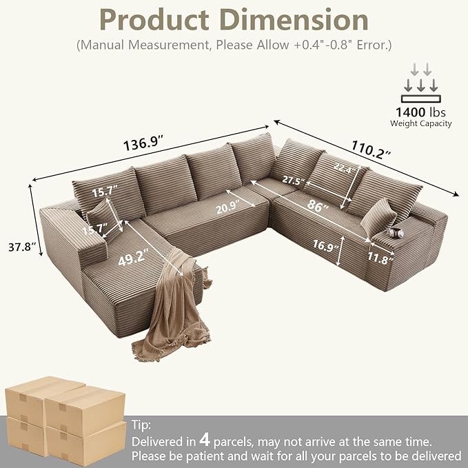 Cloud Sectional Couch with L-Shape Chaise, Upholstered Corduroy Couches Stupendous U Shaped Sofas, Modern Modular Comfy Sofa with Deep Seat for Living Room Bedroom, No Assembly Required, Camel
