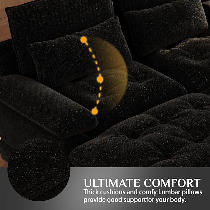 BEQAI 134"U Shaped Sectional Couches for Living Room, Oversized Modular Sectional Fluffy Couch with 2 Ottoman & Storage Console,Modern 6 Seat Living Room Sofa with Glitter Fabric,Tufted Buttons, Black