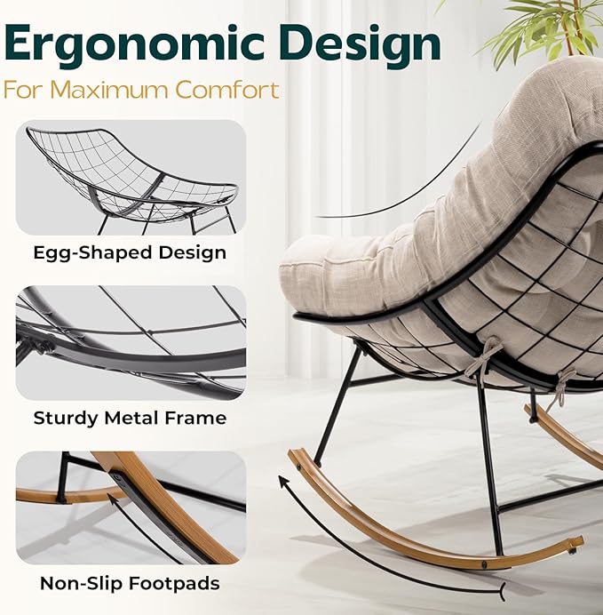 Bme Patio Rocking Chair Outdoor and Indoor, Modern Metal Lounge Rocker with Thick 7'' Cushion, 400lbs Capacity, Ergonomic Design, Easy Assembly, Beige Cushion - Wood Texture Rocker