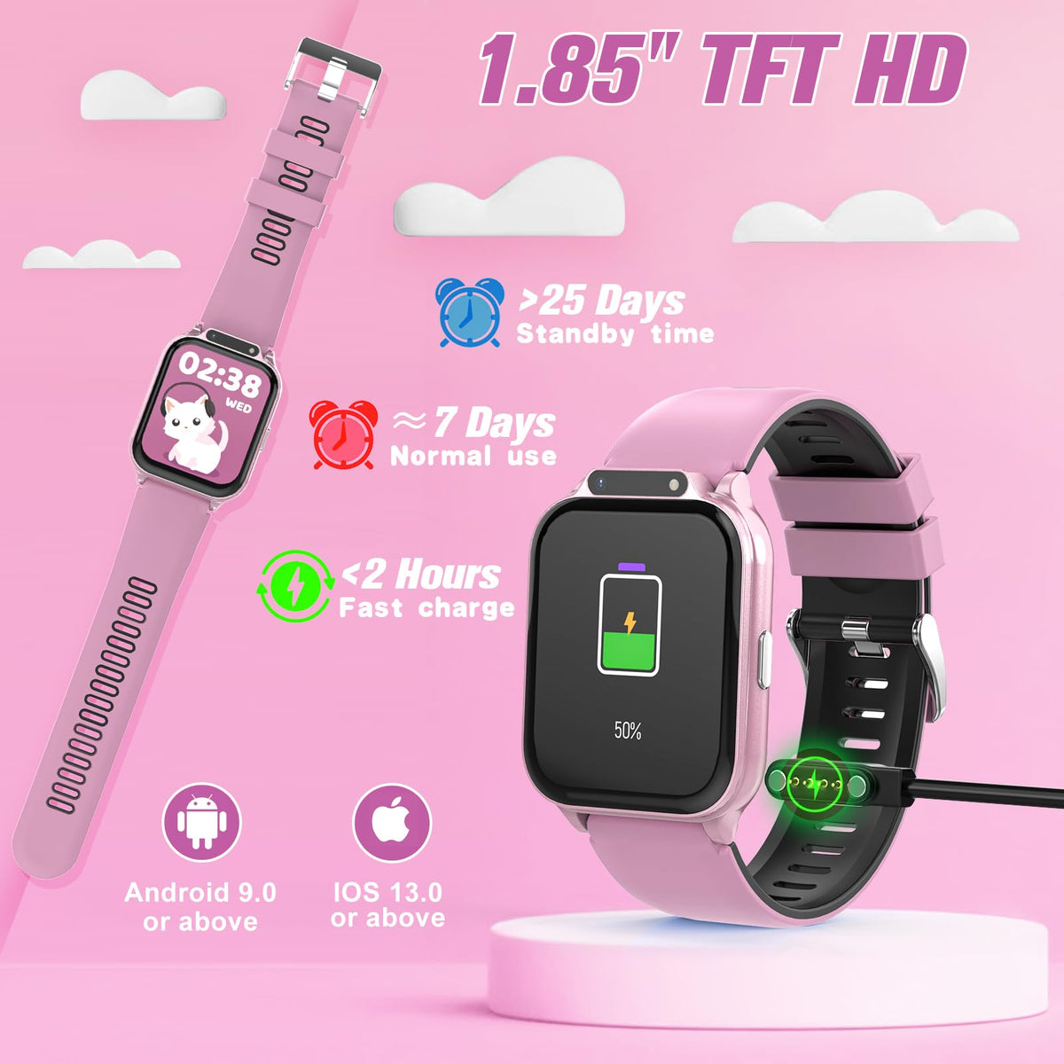 Smart Watch for Kids 1.85" with Fitness Tracker, Sleep Monitor, 22/100+ Sport Modes, DIY Dial, IP68 Waterproof, Step Counter, Heart Rate, Camera, with/Without APP, Gift for 3-12 Years Old Girls