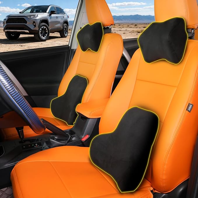 AAGJJ Car Neck & Lumbar Support Pillow Set for Toyota RAV4, Soft Memory Foam Headrest & Back Cushion, Ergonomic Comfortable Seat Support for Daily Driving and Long Trips Car Interior Accessories