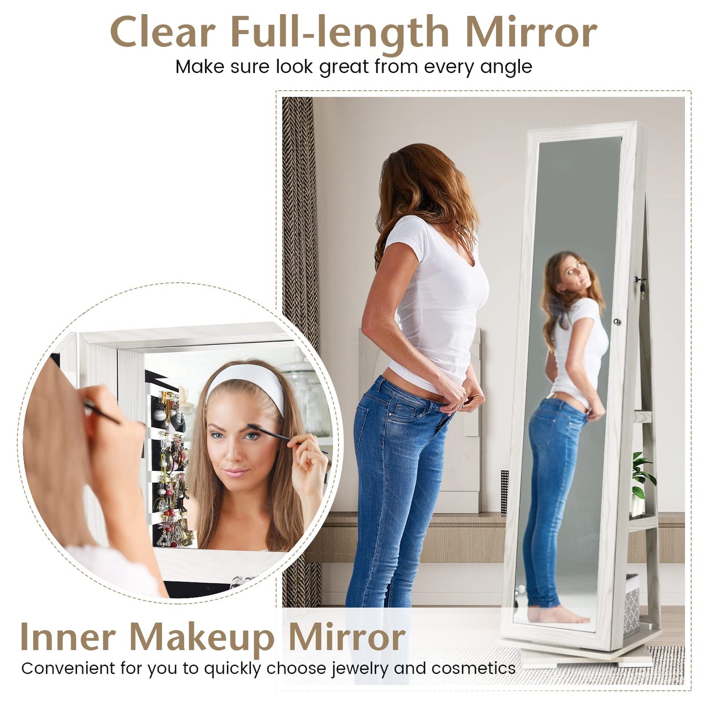 FANTASK 360°Rotating Jewelry Cabinet, Lockable Standing Jewelry Organizer w/Full Length Mirror, Inside Mirror & Rear Storage Shelves, Large Storage Capacity, Jewelry Armoire w/Mirror for Bedroom