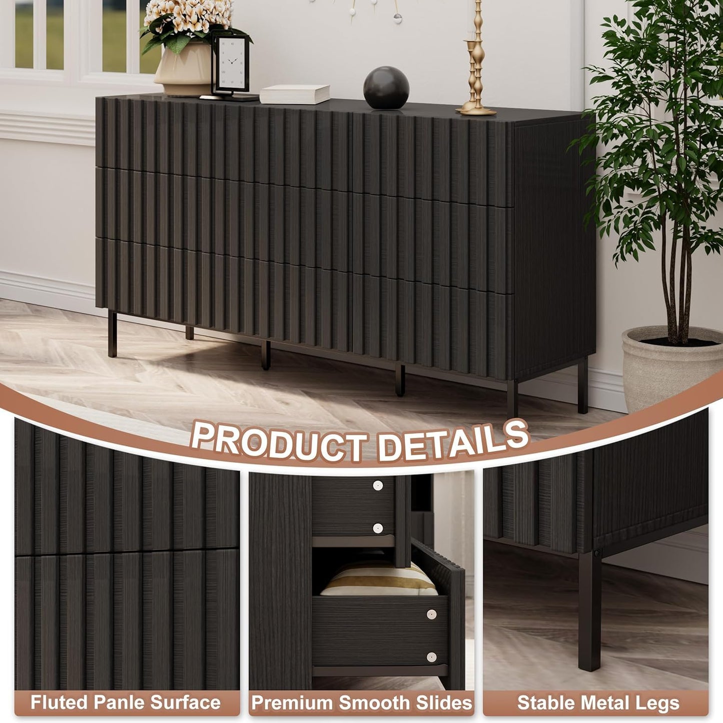 UEV Black Fluted Dresser for Bedroom, 59" Wide Wood 9 Drawer Dresser, Mid Century Modern Storage Organizer, Long Chest of Drawers TV Stand for Bedroom, Hallway