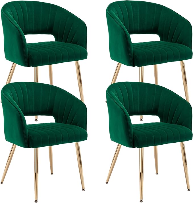 KCC Modern Accent Dining Chairs Set of 4, Upholstered Velvet Dining Room Chairs with Hollow Back, Tufted Kitchen Chairs Side Chairs with Gold Metal Legs for Living Room Restaurant, Green