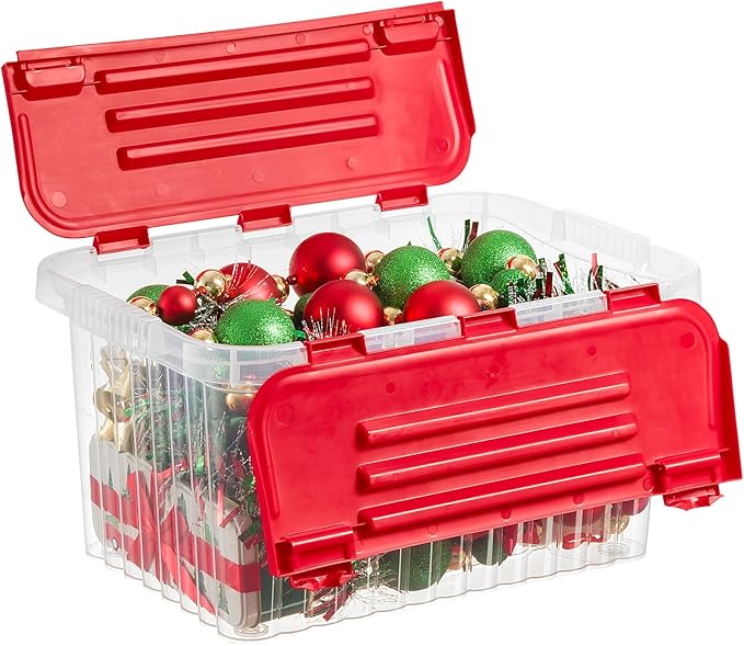 Superio Storage Box with Hinged Lids, Plastic Container Bins for Organizing with Attached Lid, Stackable Crates, BPA Free, Organizers for Home, 19 Quart (Clear with Red Lids, 17"x11.65"x8.75")