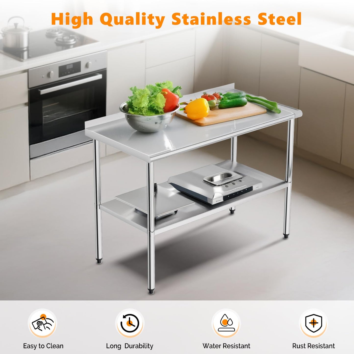 ROVSUN 48'' x 24'' Stainless Steel Table for Prep & Work,Commercial Worktables & Workstations, NSF Heavy Dut Metal Table with Adjustable UnderShelf & Backsplash for Kitchen,Restaurant,Home,Hotel