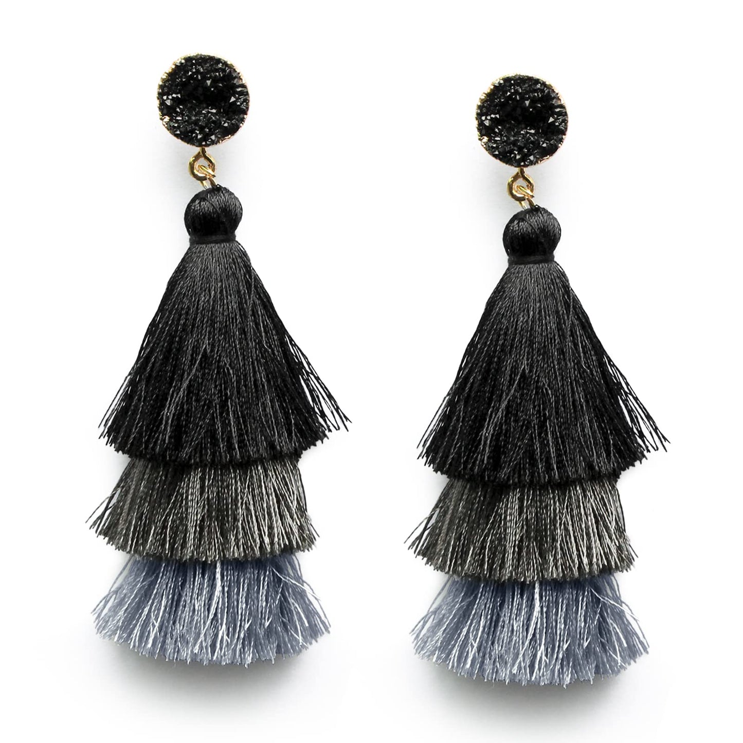 Black Grey Tiered Statement Tassel Earrings Studs Layered Fringe Black Tassel Dangle Drop Earrings for Women Boho Jewelry Birthd