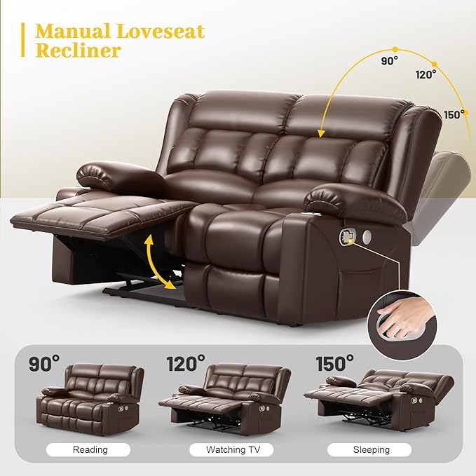 FURNIMAT New Loveseat Recliner Sofa, 2 Seater Reclining Loveseat Sofa, PU Leather Dual Recliner Chair, Modern Loveseat Couch for Living Room, with Cup Holder and USB Ports, Brown