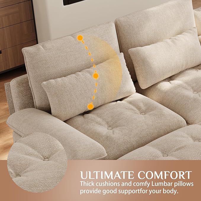 BEQAI 134"U Shaped Sectional Couches for Living Room, Oversized Modular Sectional Fluffy Couch with 2 Ottoman & Storage Console,Modern 6 Seat Living Room Sofa with Glitter Fabric,Tufted Buttons, Camel