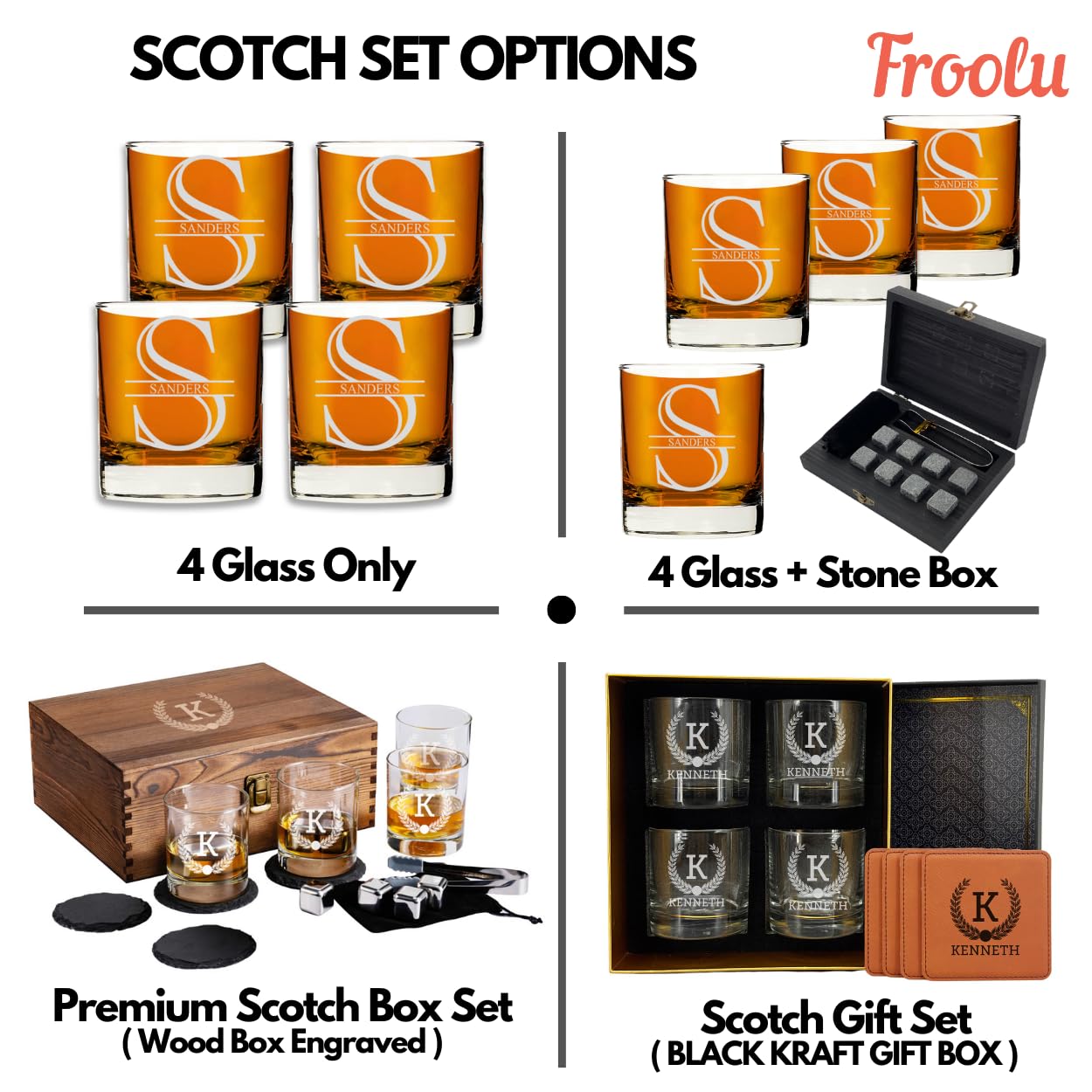 Froolu Customized Whiskey Gifts for Men - Personalized Scotch Glass Gift Set with Box - Engraved Wisky Rocks Glasses for Boyfriend, Husband, Dad - Valentine's, Birthday, Anniversary, Christmas.