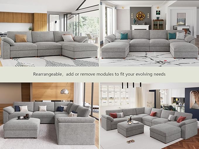 EASE MOOSE Oversized U Shape Sectional Modular Sofa,Wide Deep seat Sectional Sofa,FSC Certified Comfortable Chenille Grey Cloud Modular Sofa