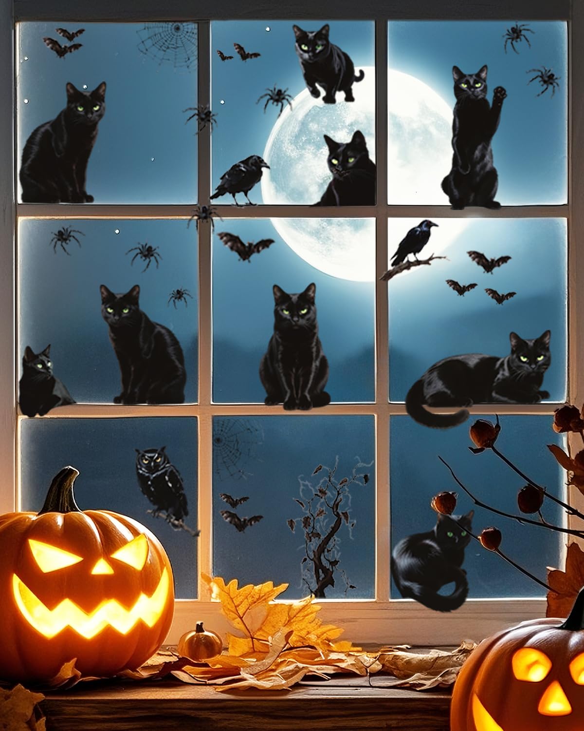 ALKB Halloween Window Clings Stickers - Halloween Window Decorations with Scary Spider Web Black Bat & Cat, Reuseable Double Sided Halloweens Static Clings for Home Decals