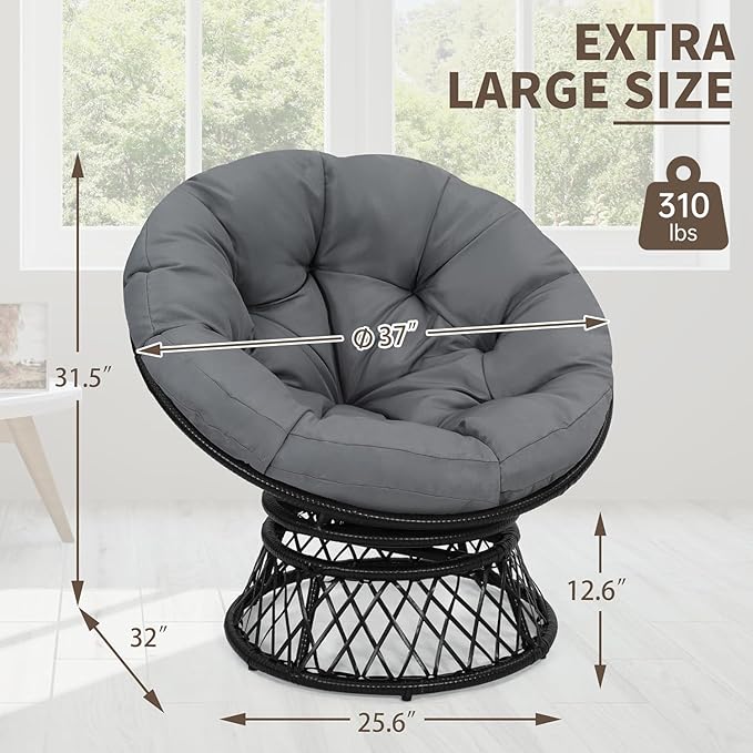 40" Ergonomic Wicker Papasan Chair, 360° Swivel Indoor Outdoor Rattan Chair with Soft Thick Cushion, Ideal for Living Room, Bedroom, Reading Room, Black Frame with Dark Grey Cushion
