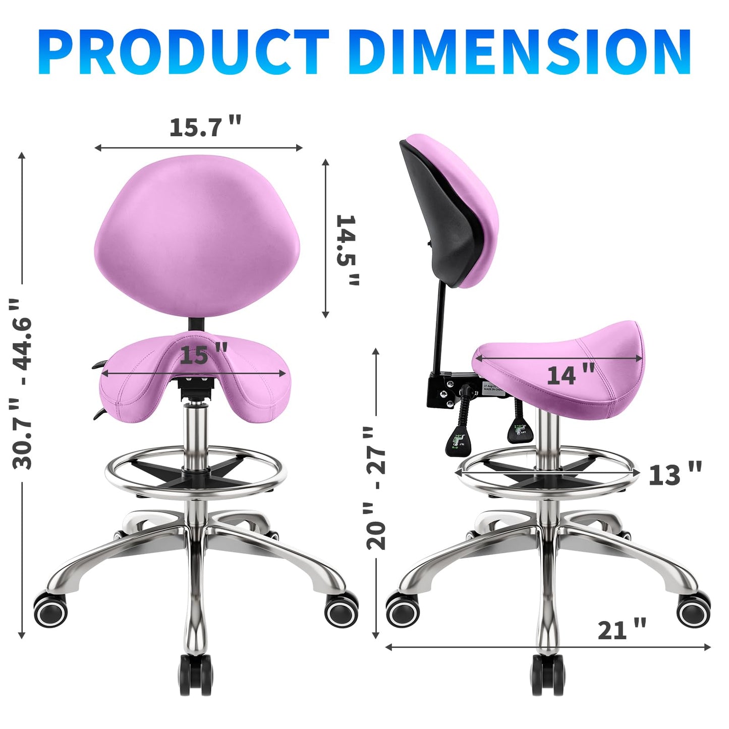 Saddle Chair with Back Support - Tilted Backrest, Adjustable Foot Rest, 350 LBS Capacity Ergonomic, 360° Swivel Drafting Chair for Salon, Spa, Massage, Tattoo, Facial lash, Home,（Macaron Purple）