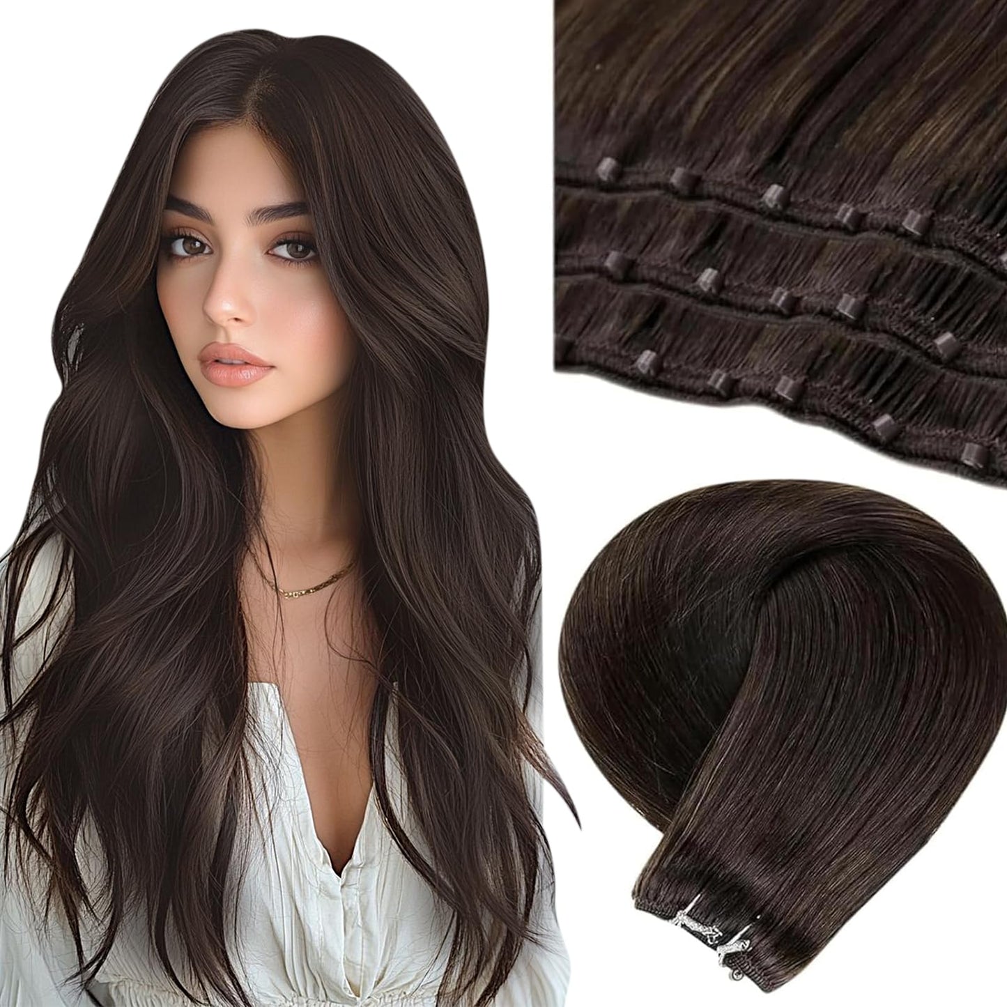 LaaVoo Beaded Weft Hair Extensions Human Hair Weft Extensions Darkest Brown Beaded Hair Extensions Real Human Hair 18inch 50g