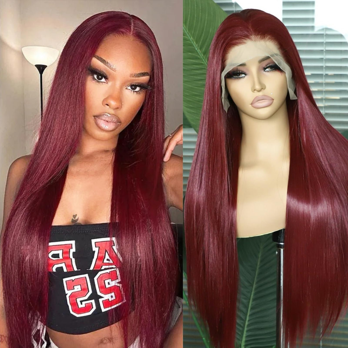 SAPPHIREWIGS 13x6 Burgundy Red Lace Front Wigs Pre-Plucked 99J Long Straight Glueless Synthetic Lace Front Wigs Ready to Wear fo