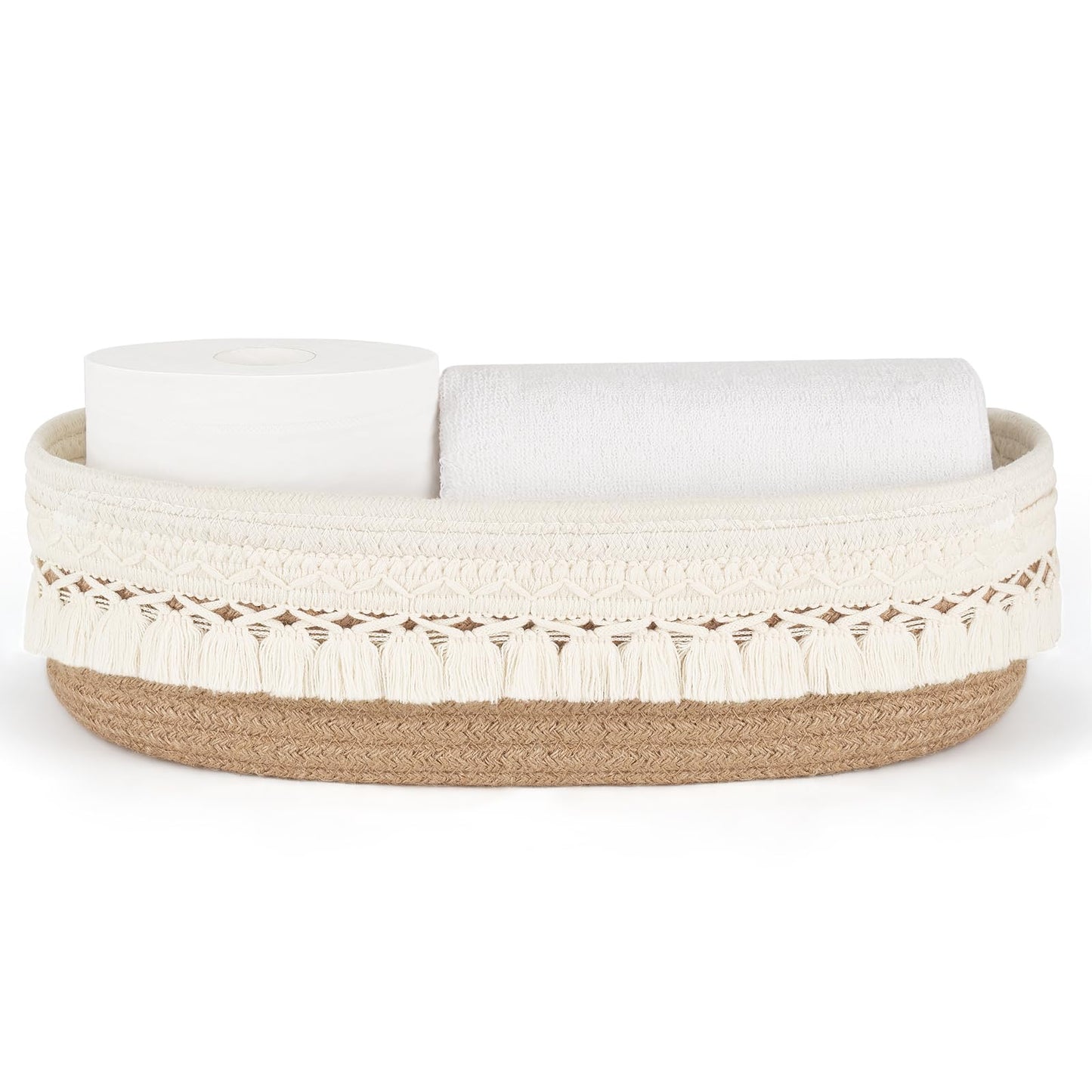 Dahey Woven Basket Macrame Storage Basket for Toilet Tank Top Boho Decor Toilet Paper Basket for Bathroom Organizing, Toilet Tank Tray for Counter Table Bedroom Living Room Nursery, Brown