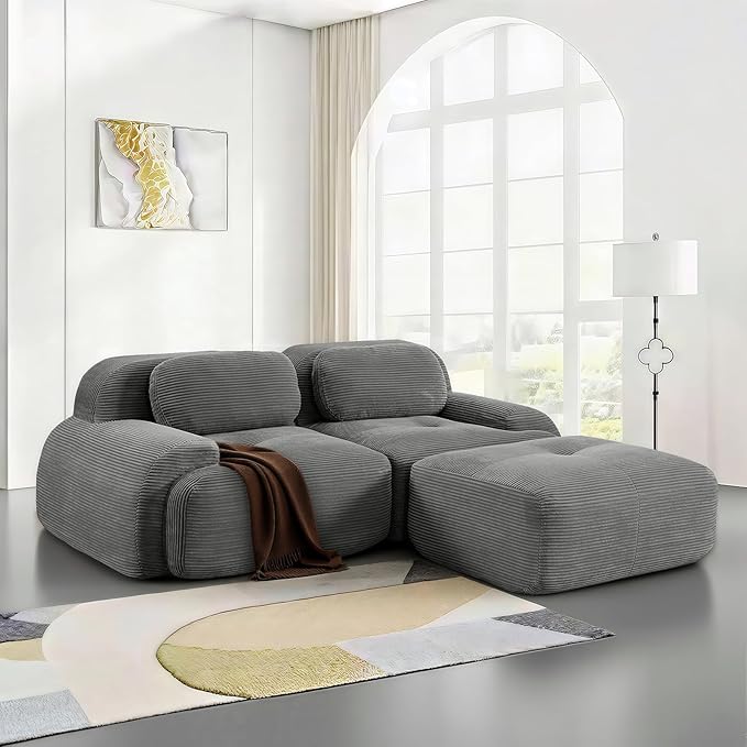 SoarFlash 81” Sectional Cloud Boneless Sofa Couches for Living Room-2 Seater L-Shaped Modern Lounge Couch-No Assembly Modular Corduroy Convertible Sponge Sleeper Sofas with Chaise for Home House,Grey