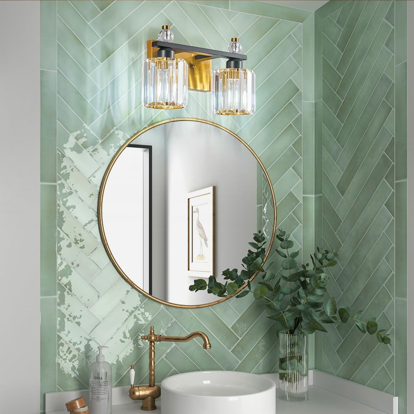 FDPBY Bathroom Vanity Lights 2-Light Black Gold Modern Crystal Vanity Light Fixtures Over Mirror Crystal Bathroom Vanity Lighting Fixtures