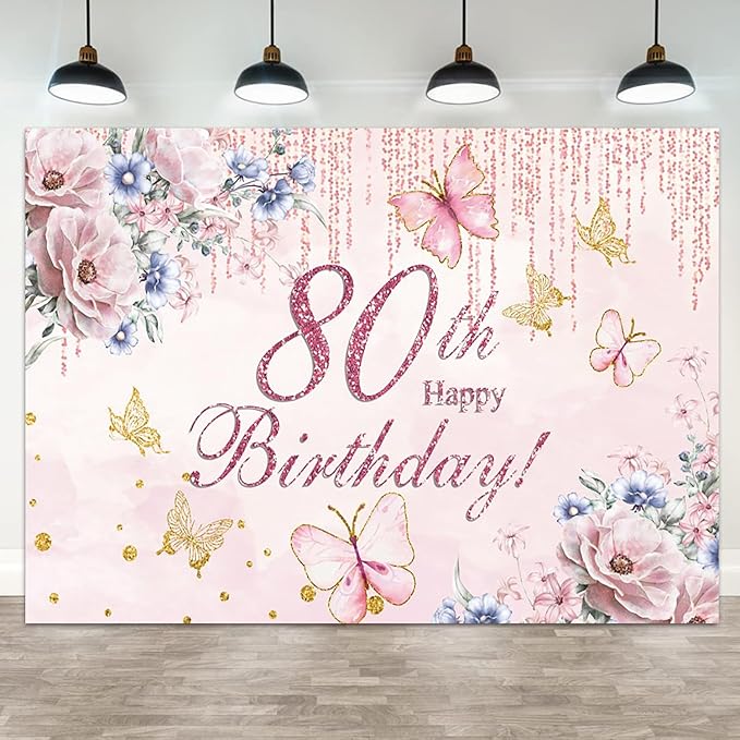 ASDCXZ 5x3ft Happy 80th Birthday Backdrop for Women Flowers Photography Background Pink Floral Golden Butterfly Grandma 80...