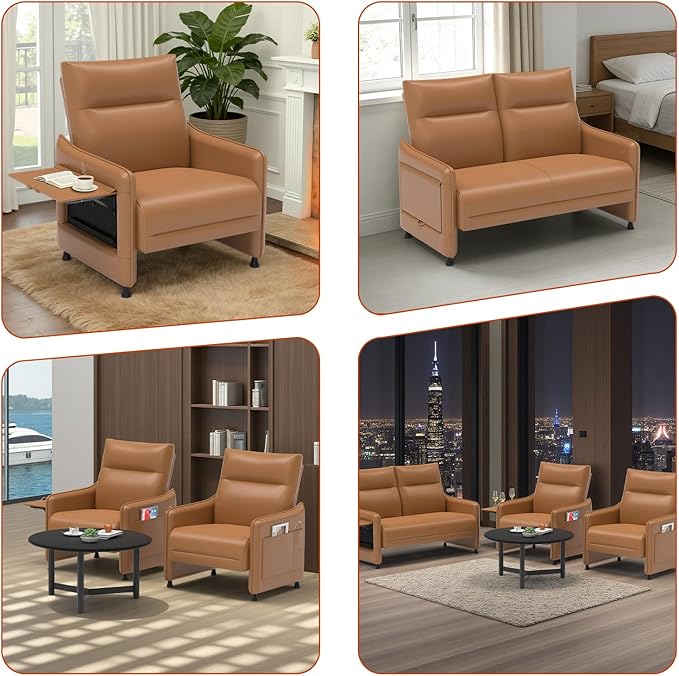 Tbillionnext 3-Piece Living Room Sofa Set, Faux Leather Loveseat & Accent Chairs Set of 2 with Hidden Foldable Tray & Side Pocket, Rear Contour Arm Design, Upholstered Sofa Set for Office, Brown
