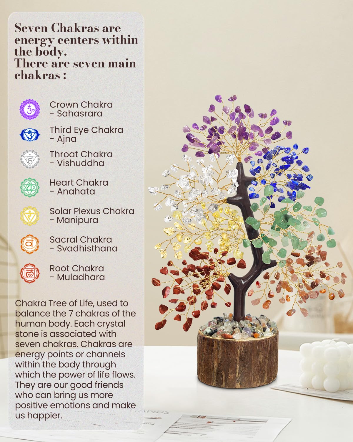 7 Chakra Crystal Tree of Life - Unique Birthday Gifts for Women, Healing Crystal Trees for Home Decor, Office Desk Decor, Positive Energy Spiritual Cleansing for Meditation Crystals and Healing Stones