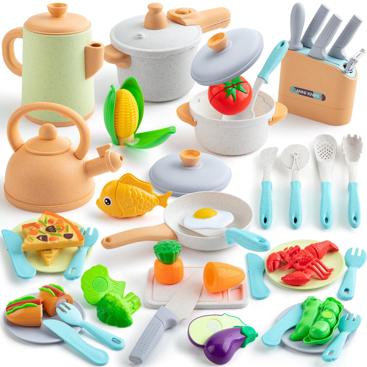 Kids Play Kitchen Accessorie, 42Pcs Toddlers Pretend Toy Kitchen Playset Cooking Sets with Pressure Pots and Pans, Cookware, Utensils, Cutting Play Food Preschool Education Toys Gift for Girls Boys