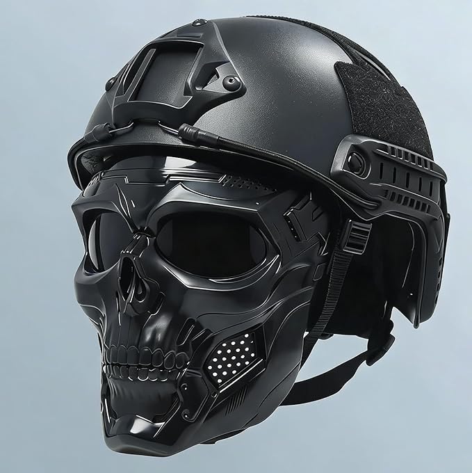 Tactical Airsoft Helmet with Full Face Mask, Black Military Style Paintball Protection Gear, Detachable Goggles, NVG Moun...