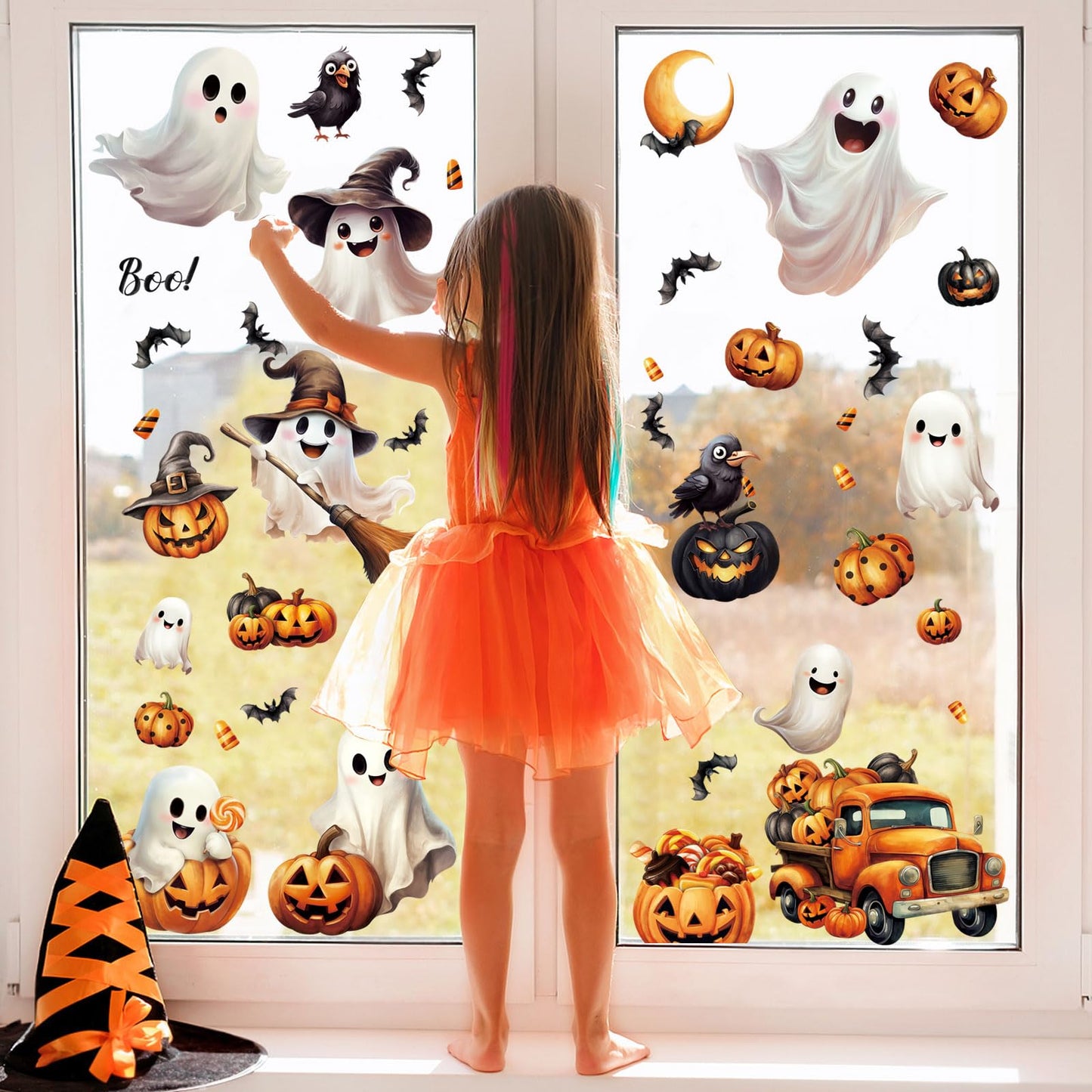 LOAVER 8 Sheets Halloween Ghost Window Cling Stickers,Spooky Ghost Pumpkin Bat Boo Window Clings for Halloween Fall Party Indoor Glass Decor