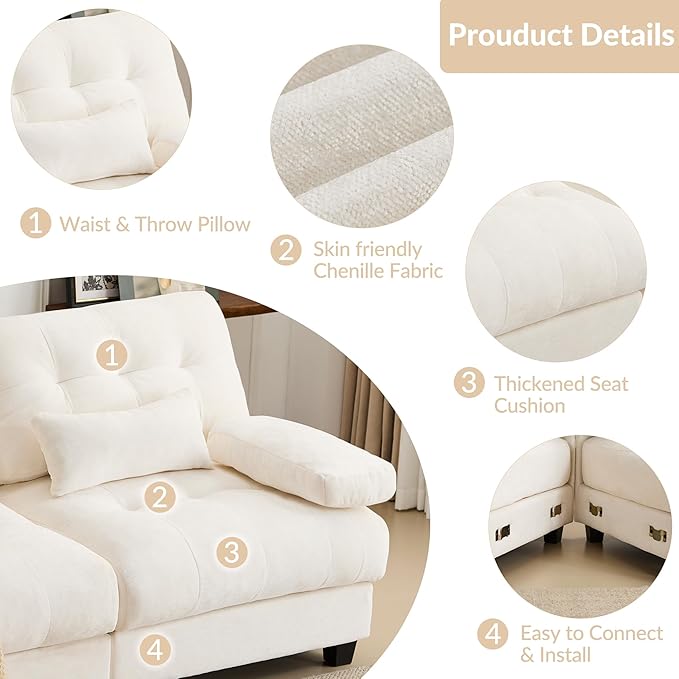 GRAINLLE 67'' Modern Chenille Love Seat Sleeper Cloud Couch Bed,Convertible Cozy Deep Seat Couches with Wide Armrest & Throw Pillows for Living Room,Home,Bedroom(Ivory)