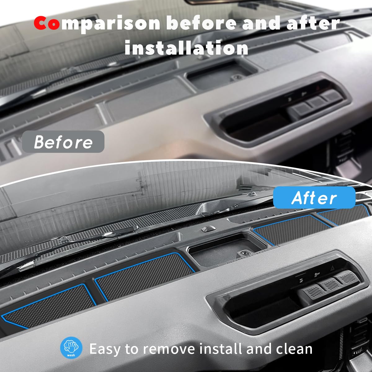 auovo Dash Cover Tray Fit for Ford Bronco Accessories 2026 2025 2021 2022 2023 2024 Anti-Slip Silicone Dashboard Compartments Mat fit Bronco 2/4-Door Interior Dash Pad Liners 2-pc Set (Blue Trim)