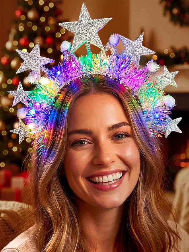 Yokawe Light Up LED Star Headband Silver Crown with Iridescent Tinsel,White Pom Pom, New Year, Christmas Party Costume Acc...