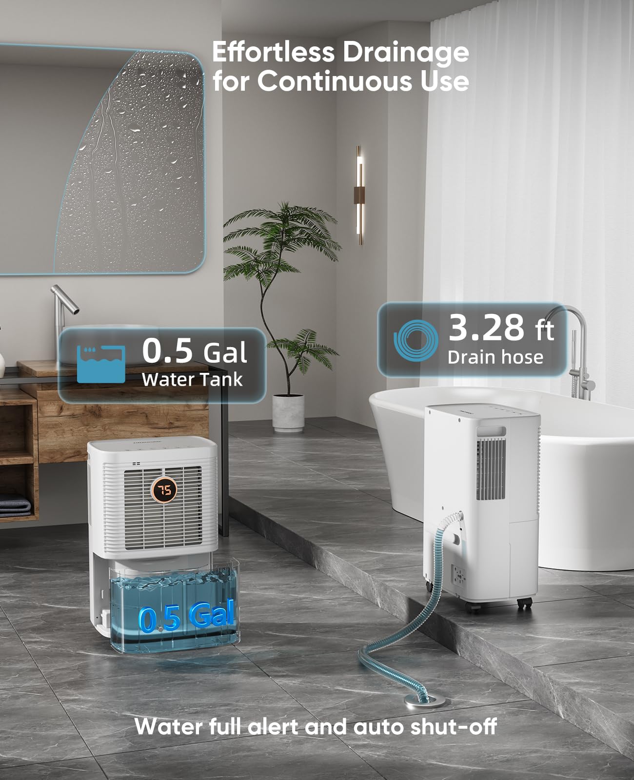 Dravonic 34 Pint Dehumidifiers for Home, Basement, Bedroom, Bathroom, 2500 Sq.ft Dehumidifier with Drain Hose, Smart Humidity Control & Display, 3 Operation Modes, 24H Timer, Child Lock (White)