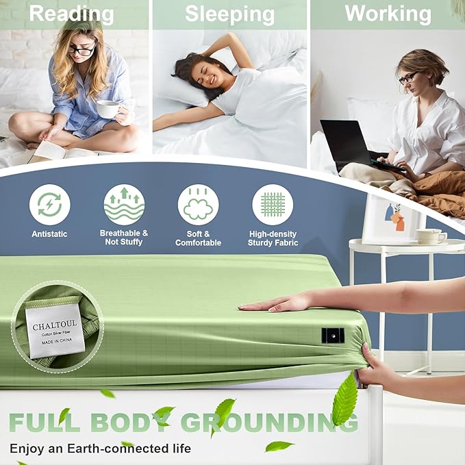 CHALTOUL Grounding Sheets King Size Premium Cotton for Healthy Sleep Therapy, Deep Pocket Grounding Fitted Sheets Includes Grounding Cord (Sage Green, King -76"x80"x14")