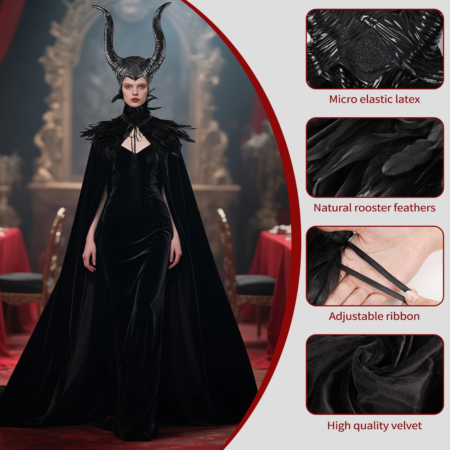 MAOFENG Women's Gothic Evil Queen Costume Demon Horns with Black Feather Collar Velvet Cloak Set for Halloween Cosplay Party
