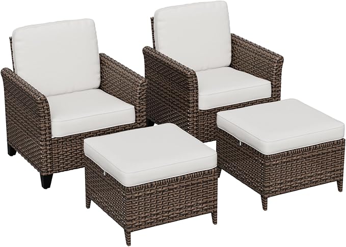 COOS BAY Harbor Retreat 4 Piece Outdoor Furniture Set, Patio Conversation Set with Patio Chairs and Ottomans, Wicker Furniture, Brown/Beige