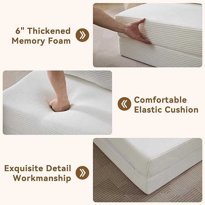 WUTUTUEE Folding Sofa Bed Convertible Floor Couch Foldable Chair Bed with Pillow，Linen Sleeper Chair Futon,Foldable Memory Foam Mattress for Bedroom/Living Room/Dorm/Office (Corduroy White, Single)