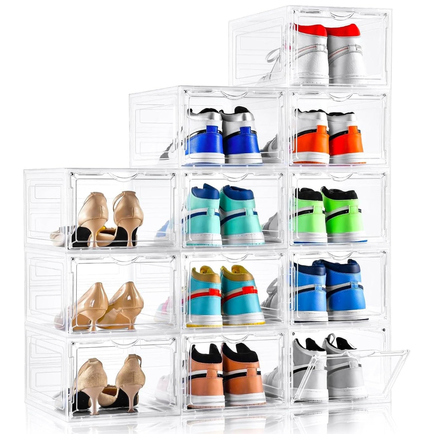 Clemate Upgraded X-Large Shoe Organizer,Shoe Storage Organizer,12 Pack,Shoe Box Clear Plastic Stackable,Drop Front Shoe Box with Clear Door, Shoe Containers For Sneaker Display,Fit up to US Size13